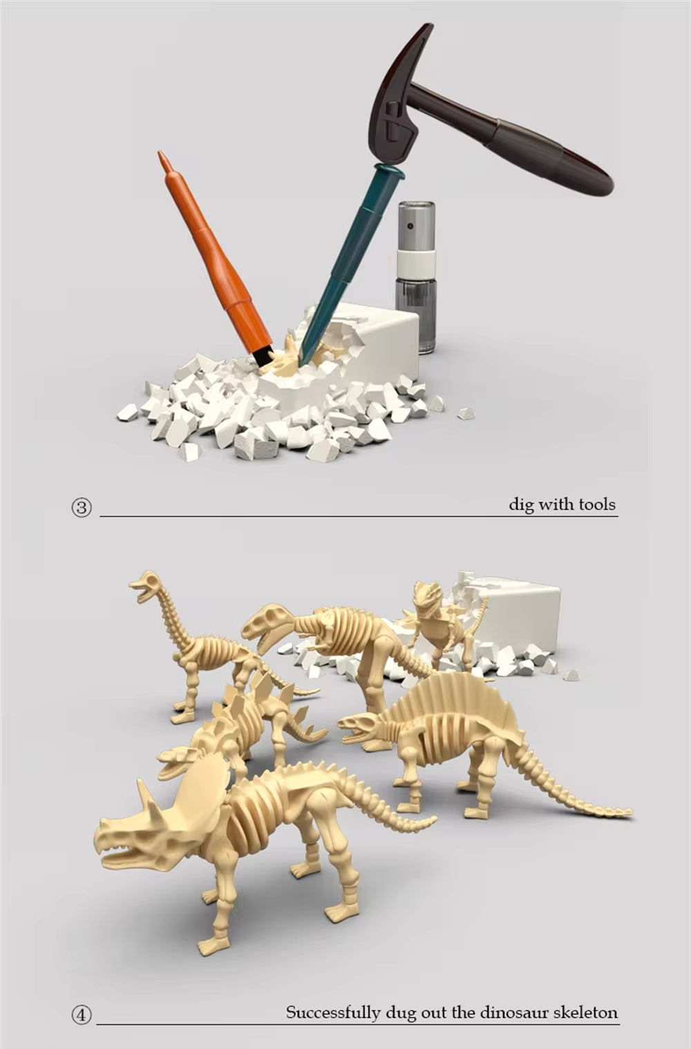 WOOPIE archeologinis rinkinys, dinozaurų skeletų kasinėjimai (6 in 1) – vaizdas 2