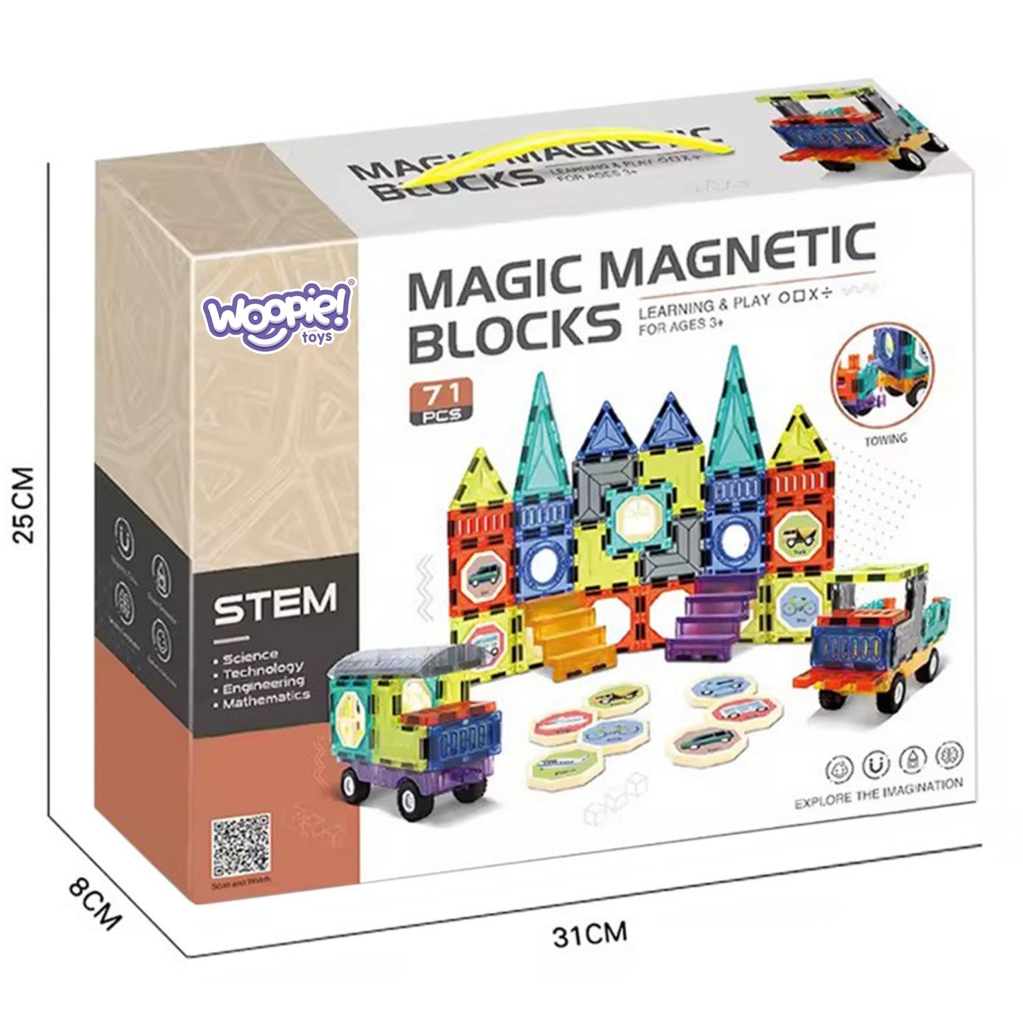 WOOPIE Magnetiniai 3D blokeliai Pilis ir Transportas 71 vnt.