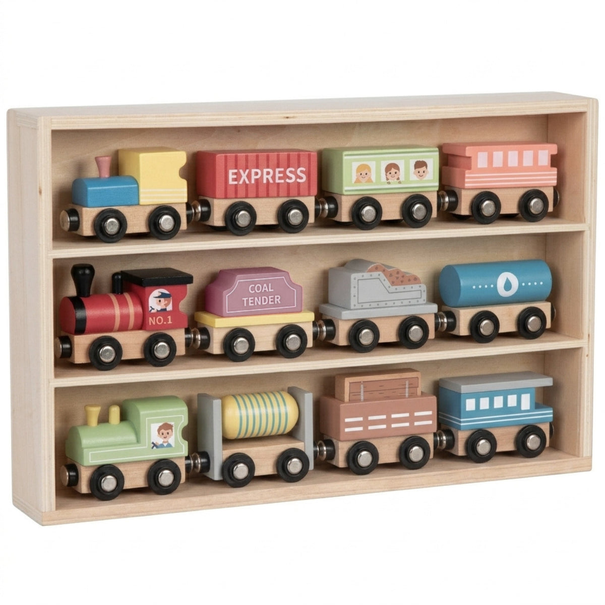 TOOKY TOY Mediniai magnetiniai vagonai, 12 dalių rinkinys