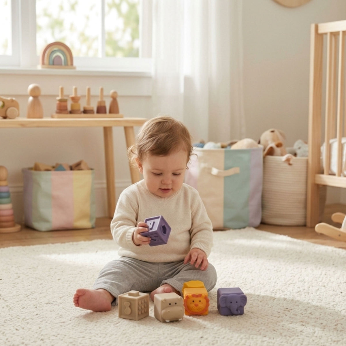 WOOPIE BABY Sensoriniai kubeliai su garsu ir skaičiais, 12 vnt.