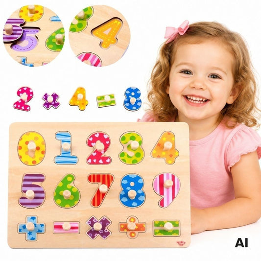 TOOKY TOY Medinė Skaičių Dėlionė su Rankenėlėmis, 16 dalių