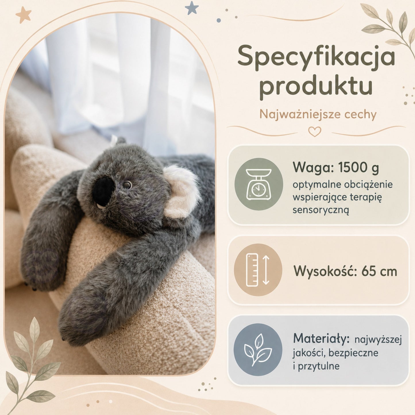 WOOPIE Koala Sensorinis Pliušinis Žaislas su Užpildu 65 cm 1500 g