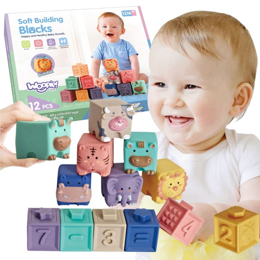WOOPIE BABY Sensoriniai kubeliai su garsu ir skaičiais, 12 vnt.