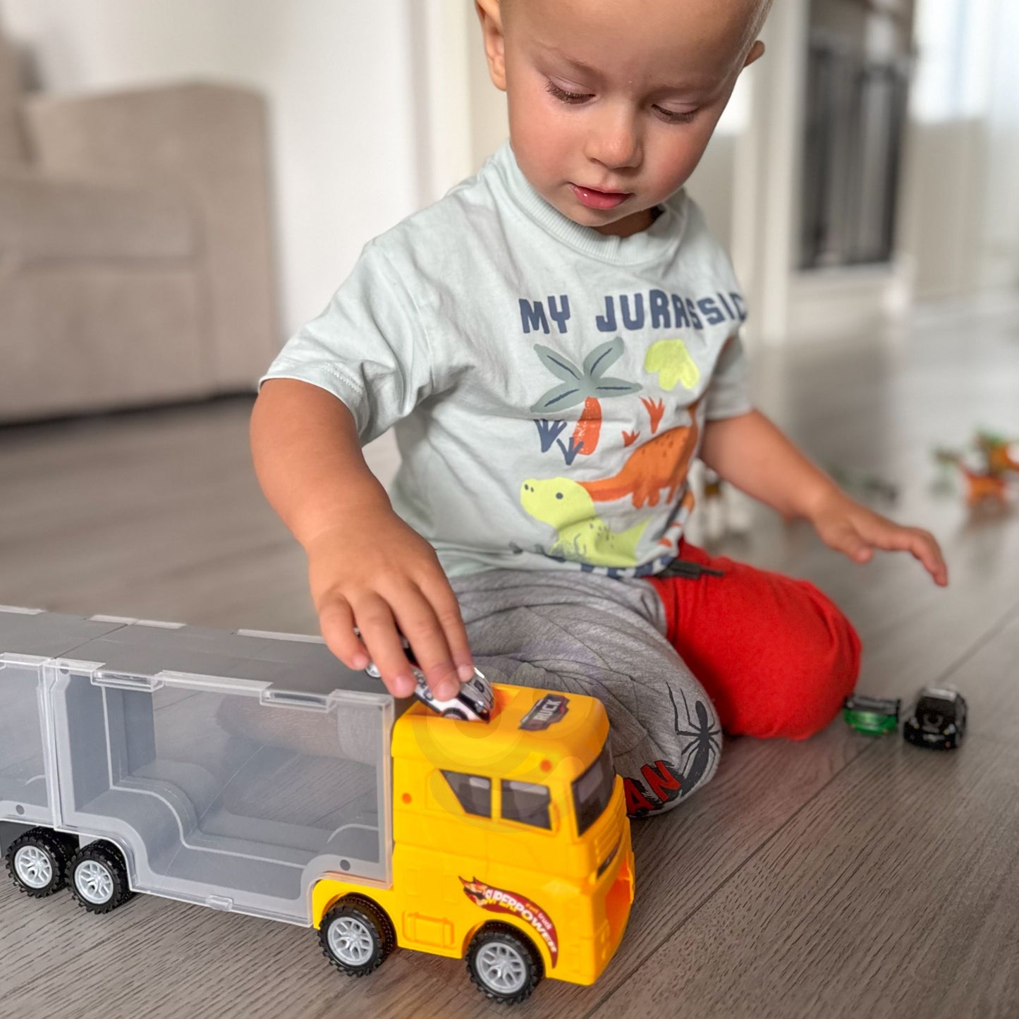 WOOPIE Sunkvežimis Transporteris 2in1 su Dinozaurų Rinkiniu ir Kilimėliu – vaizdas 2