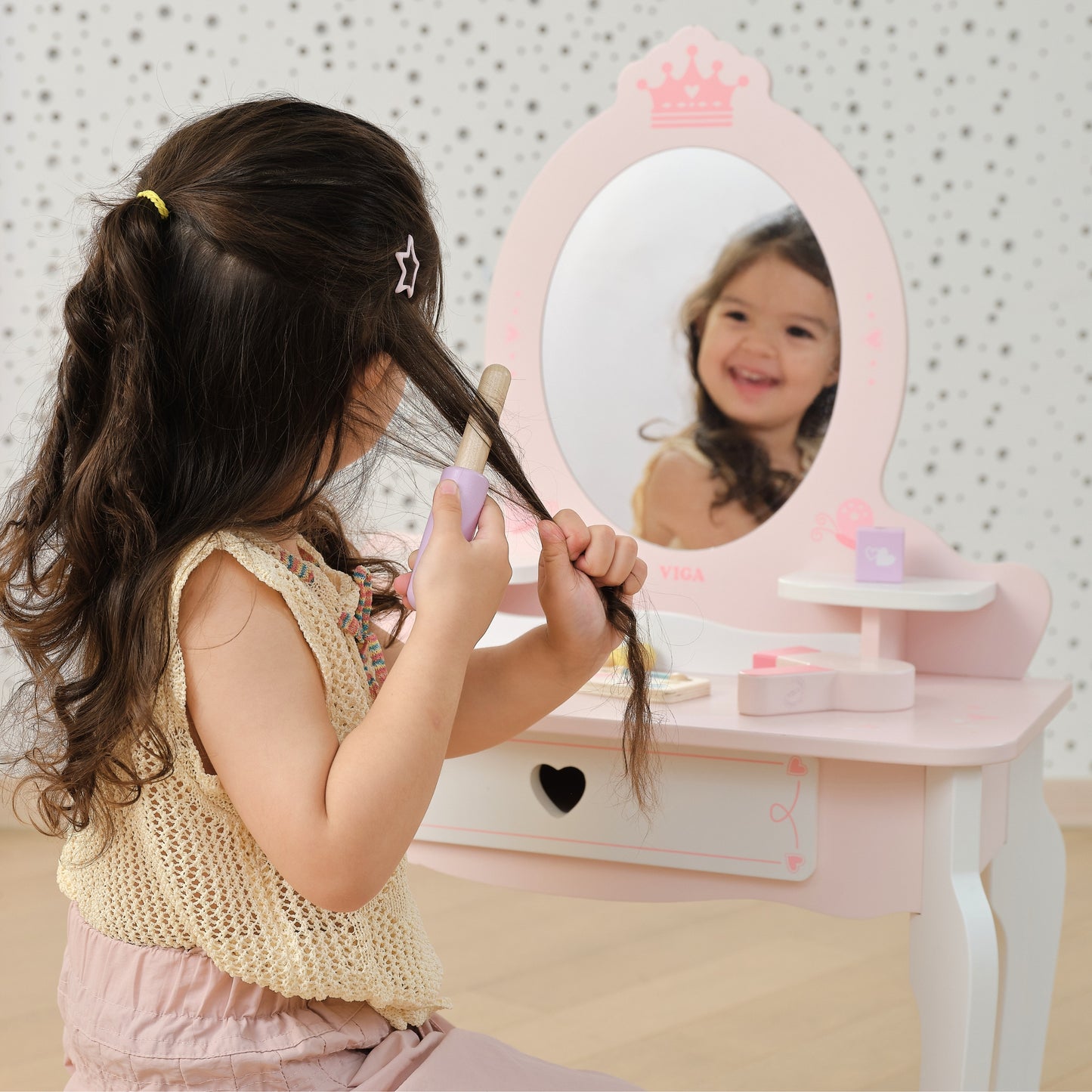 VIGA Didelis medinis kosmetinis staliukas, baltas/rožinis, su lūpų dažais – vaizdas 4