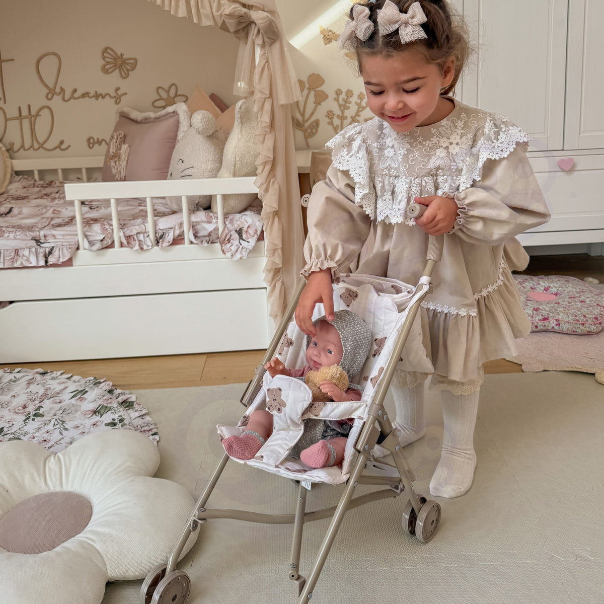 WOOPIE ROYAL Vintage vežimėlis lėlėms su meškiuku