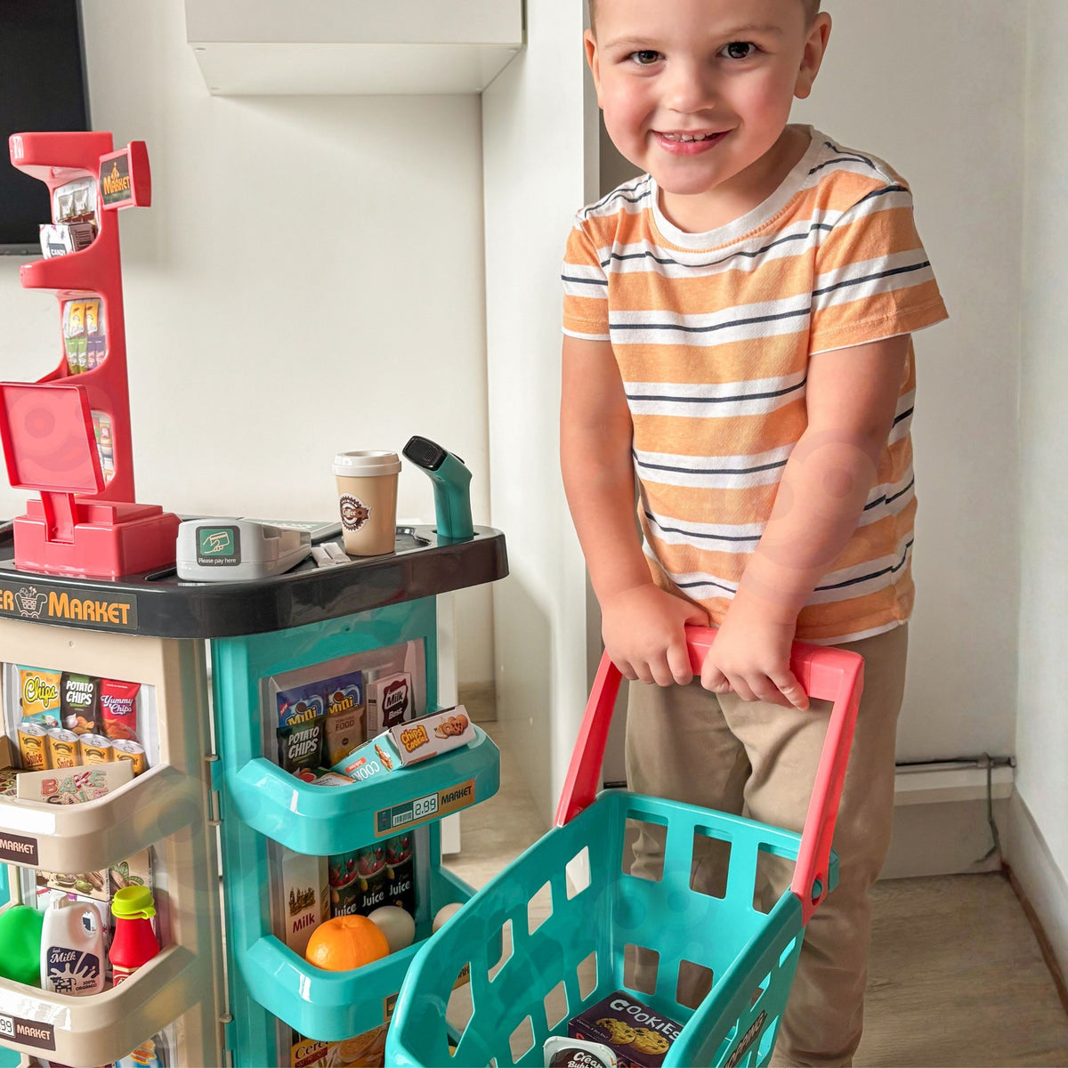 WOOPIE Žaislinis Supermarketas su Pirkinių Vežimėliu, Kasos Aparatu ir 47 Priedais