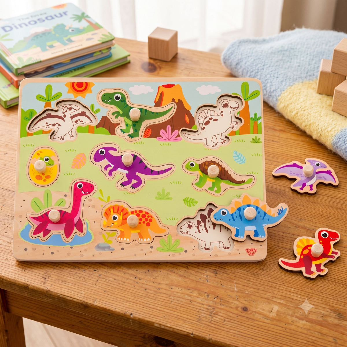 TOOKY TOY Medinė Montessori Dėlionė su Dinozaurais 10 vnt.