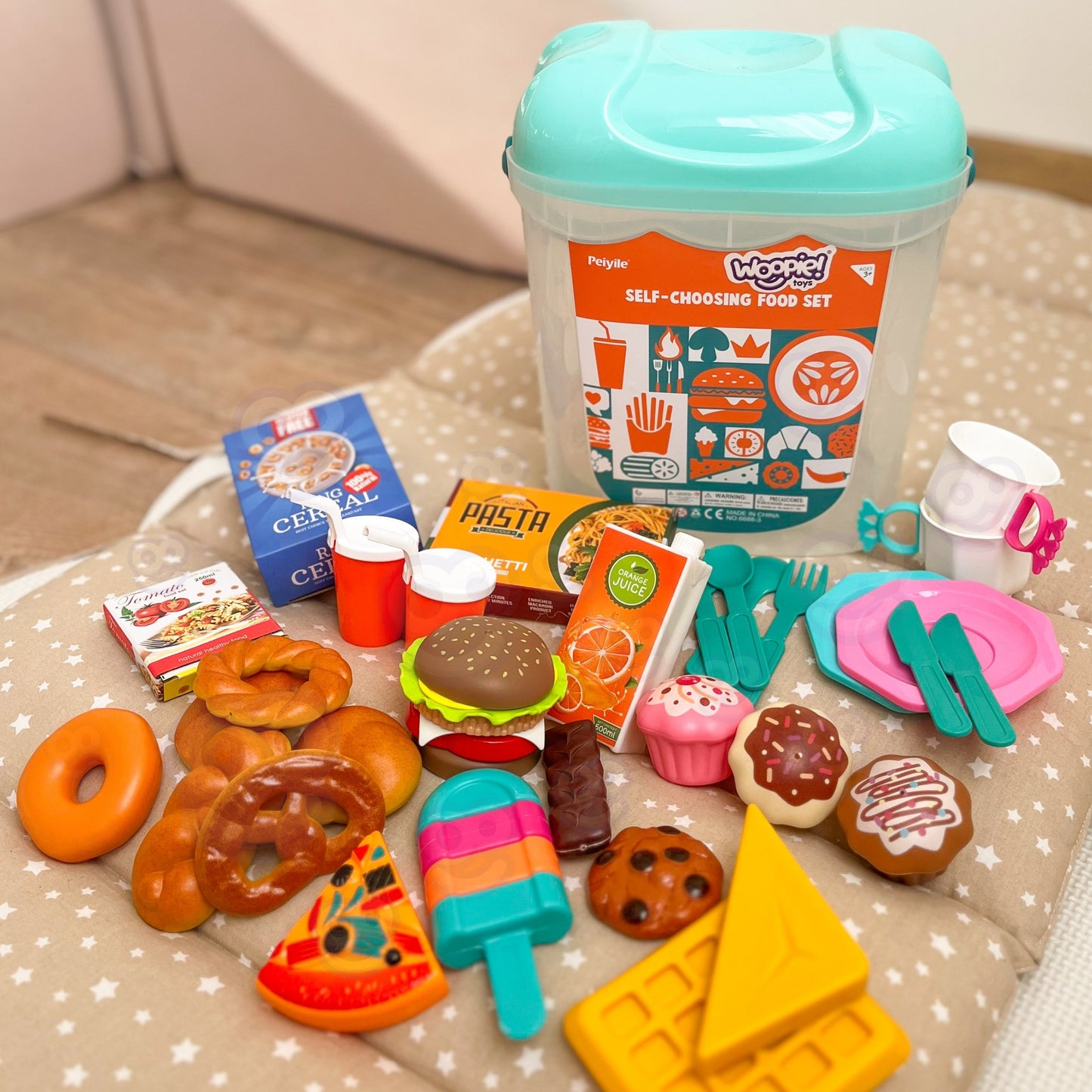 WOOPIE XL maisto žaidimams rinkinys (saldumynai, greitas maistas, stalo įrankiai) kibirėlyje, 40 dalių – vaizdas 2