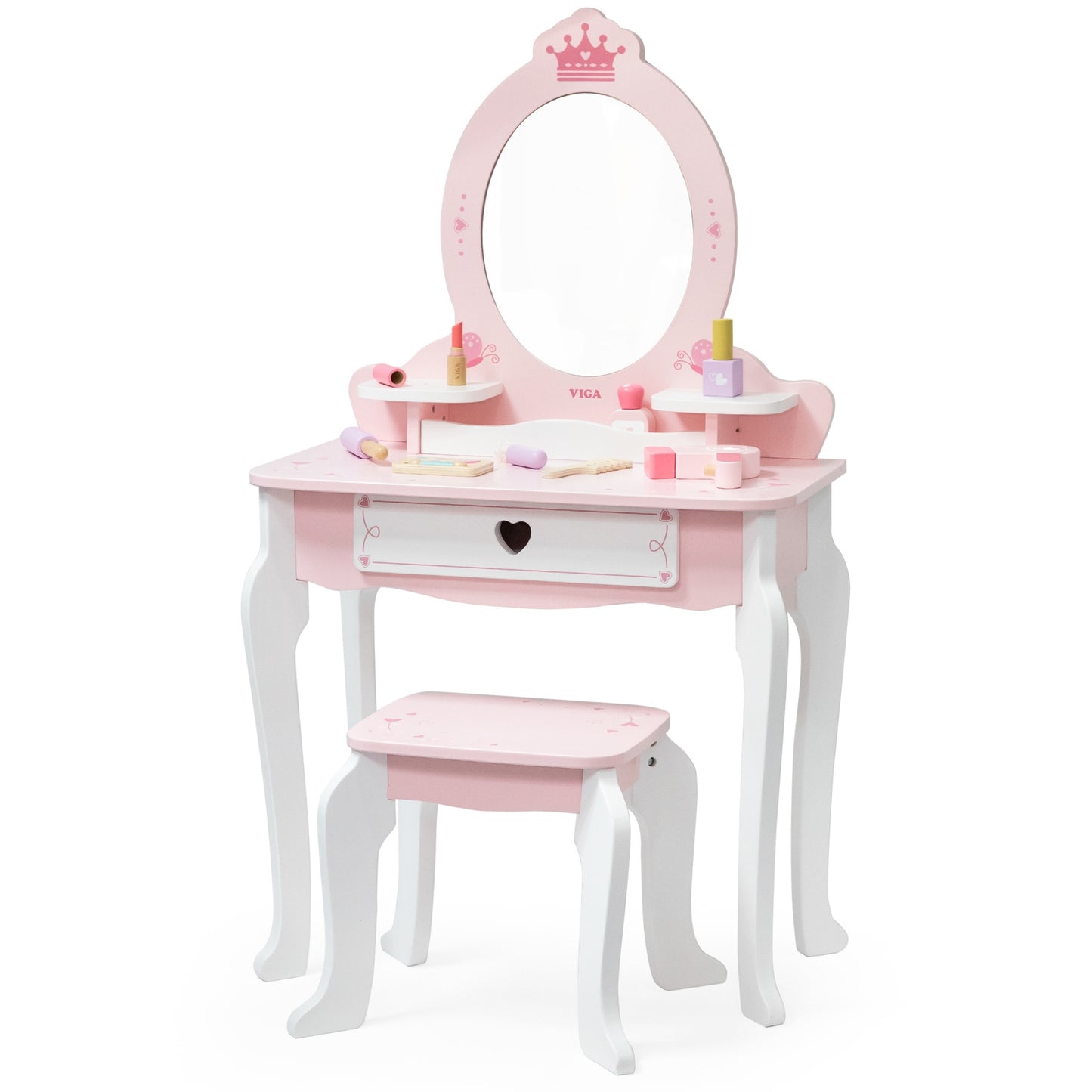 VIGA Didelis medinis kosmetinis staliukas su veidrodžiu ir kėdute, baltas/rožinis