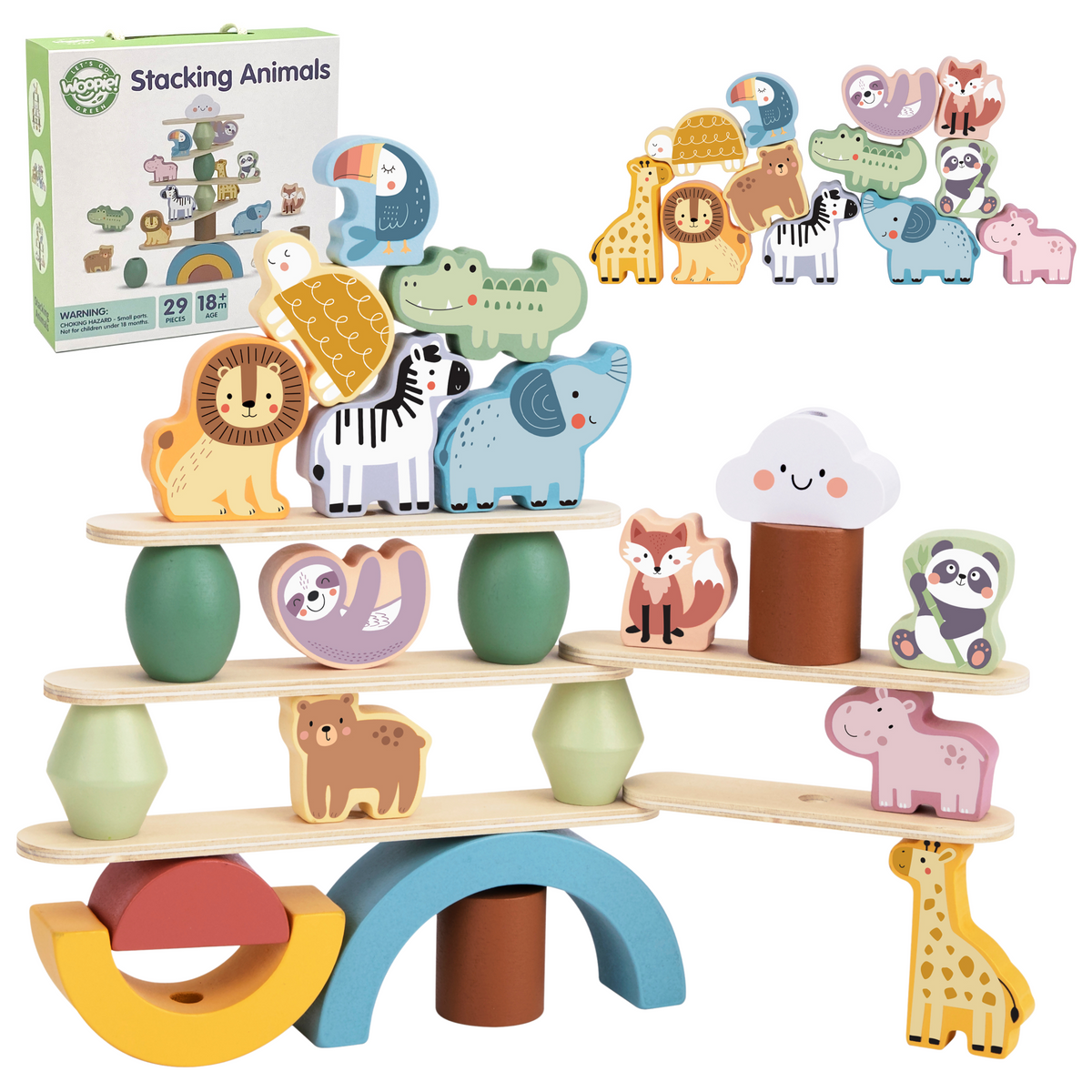 WOOPIE GREEN Balansinė Dėlionė Medinis Gyvūnų Rinkinys FSC