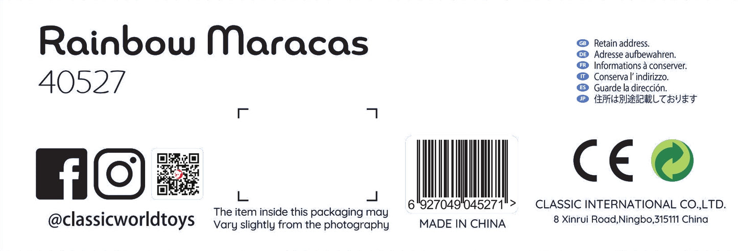 CLASSIC WORLD 2in1 medinis marakasas-barškutis, vaivorykštinis – vaizdas 9