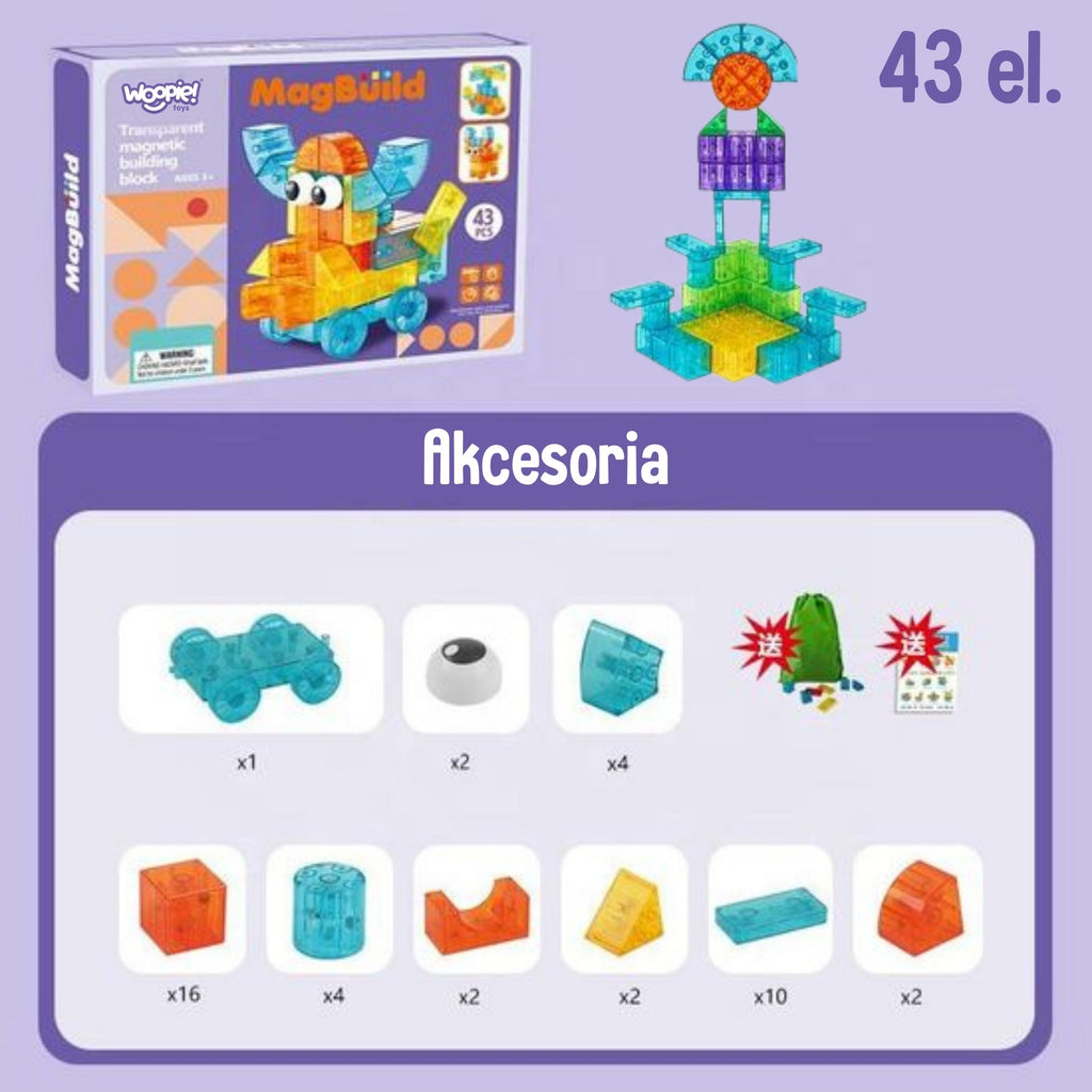 WOOPIE Permatomi Magnetiniai Statybiniai Blokai 43 vnt.