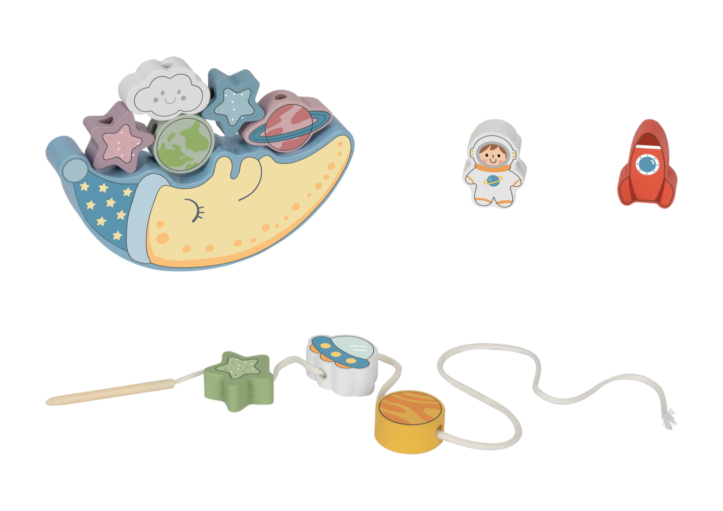 TOOKY TOY Medinis Balansavimo ir Vėrimo Rinkinys „Miegantis Mėnulis“, Kosmoso tema, Montessori – vaizdas 2