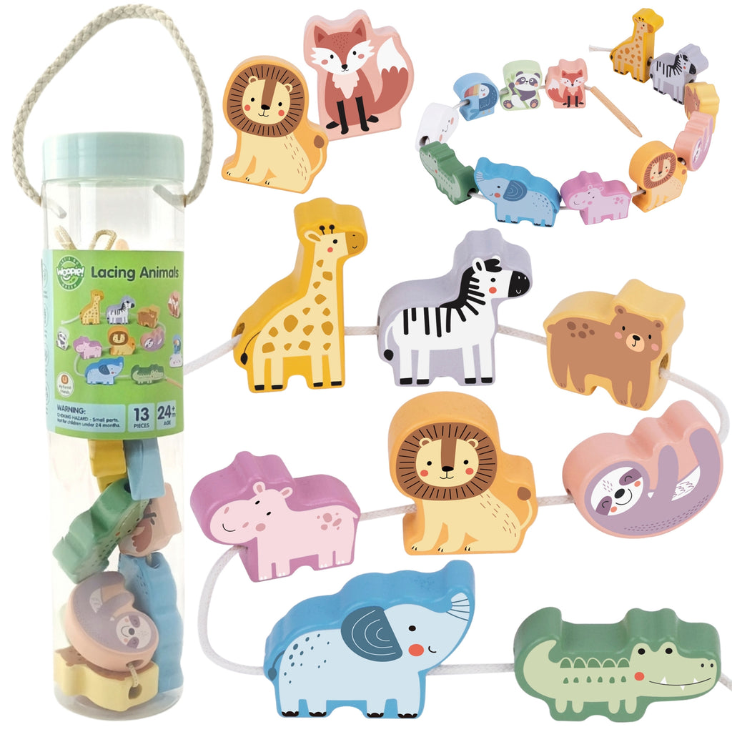 WOOPIE GREEN Medinis vėrimo žaidimas ZOO Montessori 13 dalių