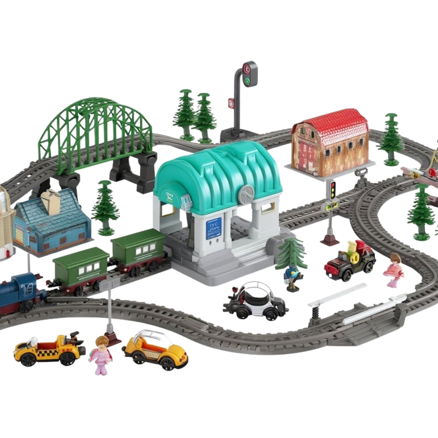 WOOPIE Elektrinis traukinys, Geležinkelio trasa XXL, suformuota trasa su pastatais – vaizdas 2