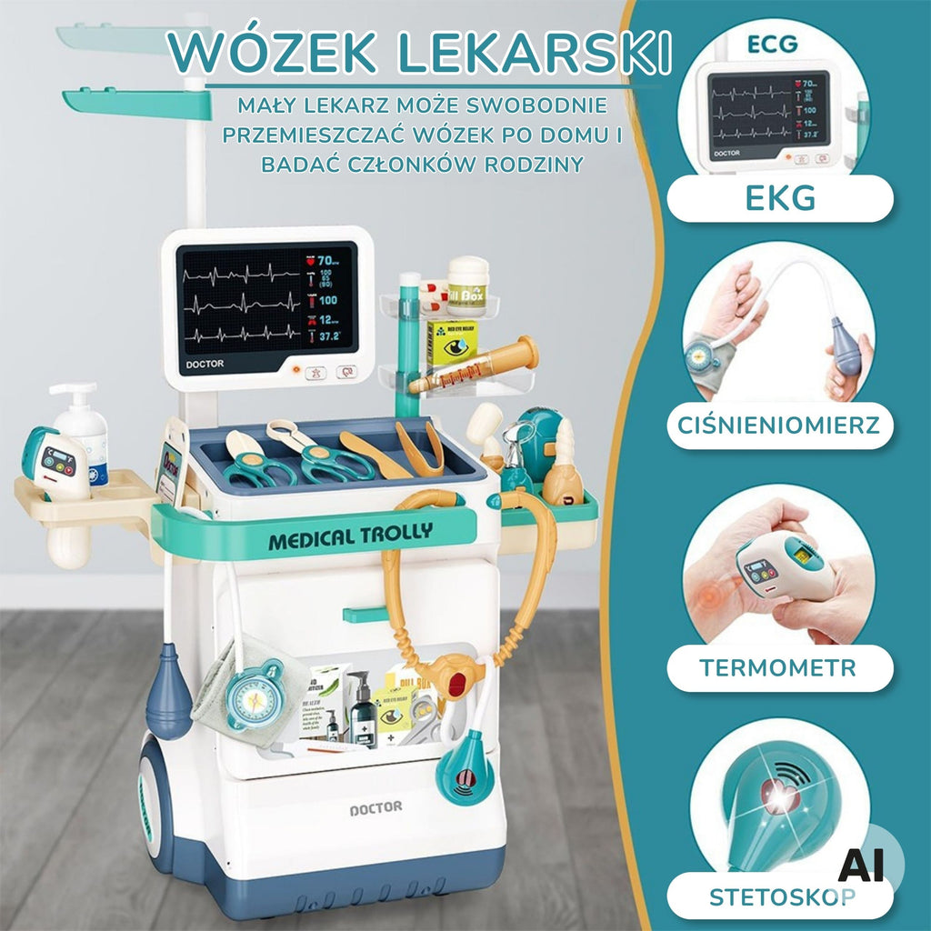 WOOPIE Gydytojo vežimėlis su EKG garsu ir šviesa 26 dalių