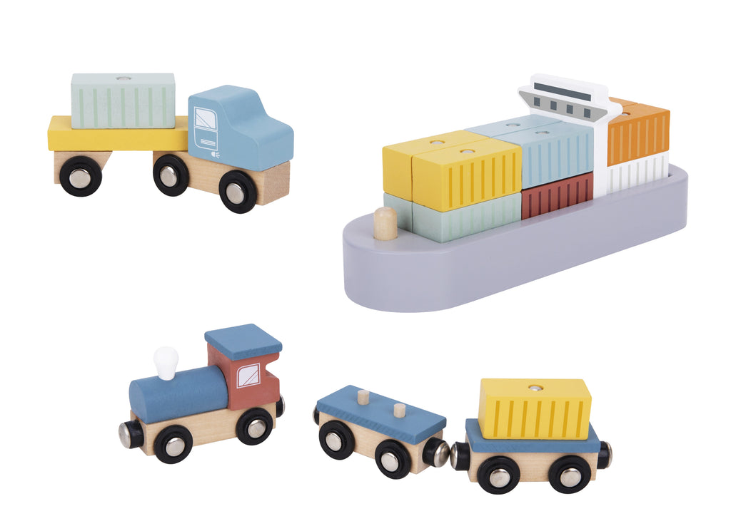 TOOKY TOY Medinis uosto kranų rinkinys su transporto priemonėmis