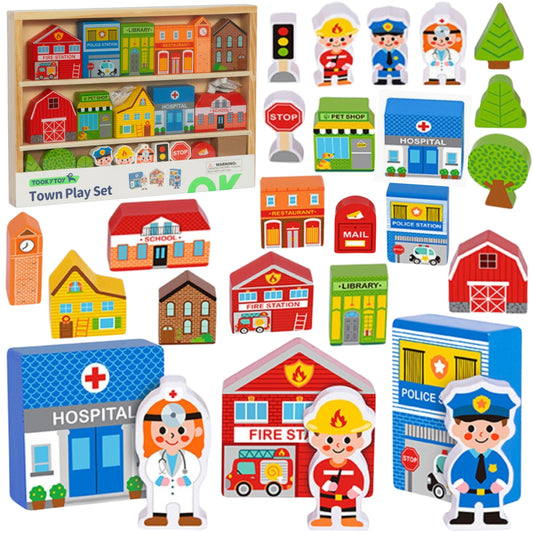 Tooky Toy medinis miesto pastatų ir figūrėlių rinkinys