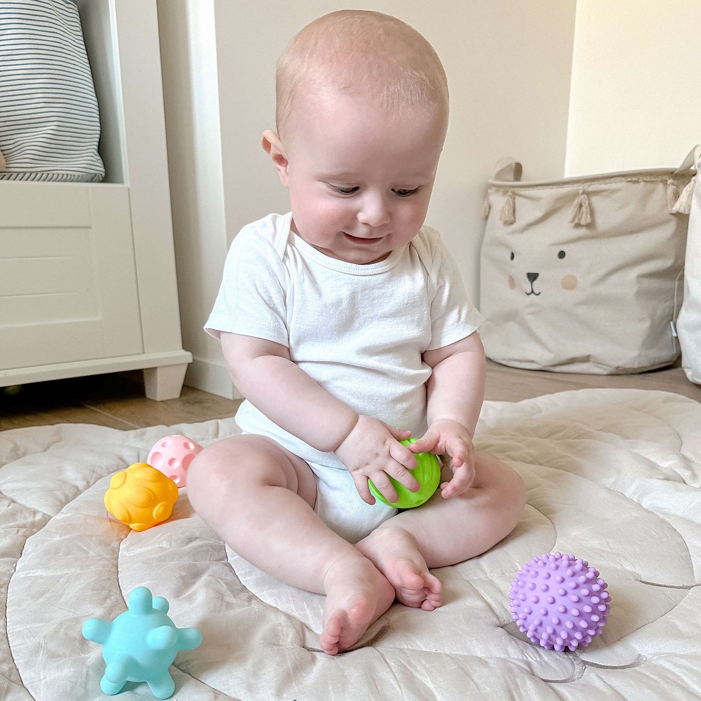 WOOPIE BABY Sensoriniai Spaudžiami Kaladėliai 6 vnt. kūdikiams