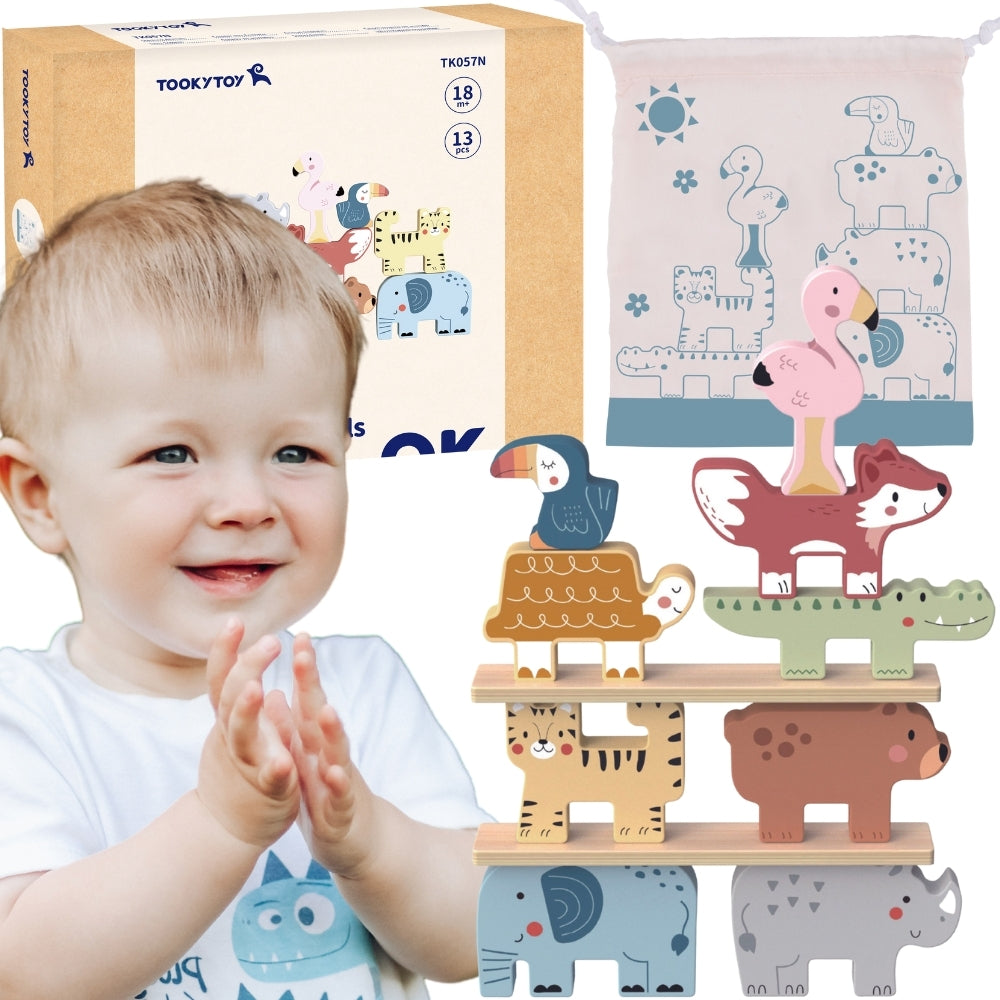 TOOKY TOY Medinės kaladėlės Gyvūnų bokšto statyba (Montessori), 13 dalių – pagrindinis vaizdas