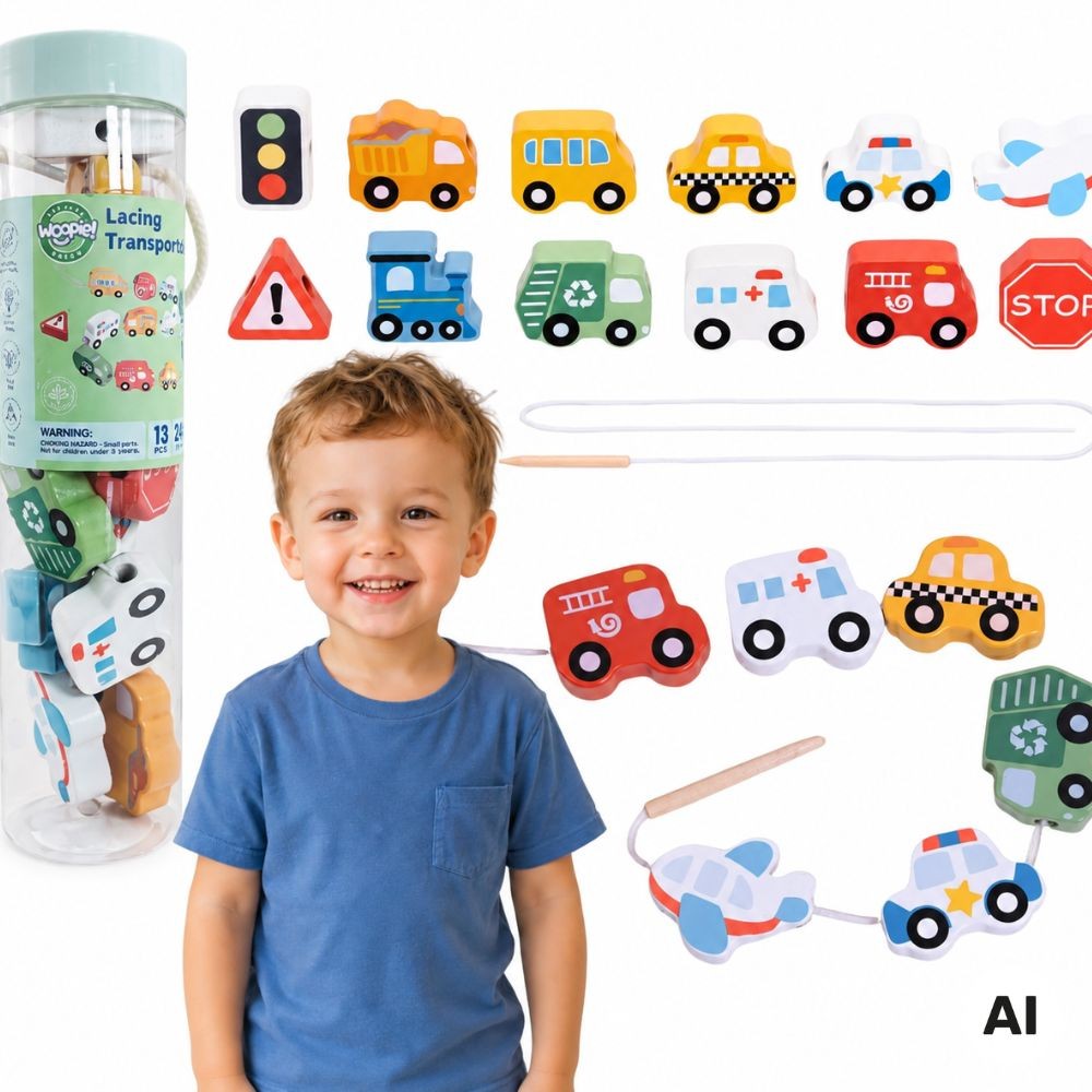 WOOPIE GREEN Medinis Vėrimo Žaislas Transportas, 13 dalių