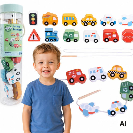 WOOPIE GREEN Medinis Vėrimo Žaislas Transportas, 13 dalių