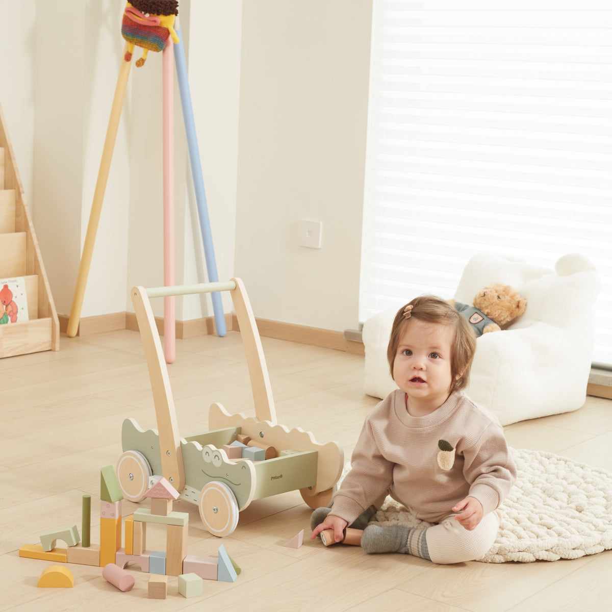 Viga Wooden Pusher Trolley – medinis vaikštynas Krokodilas