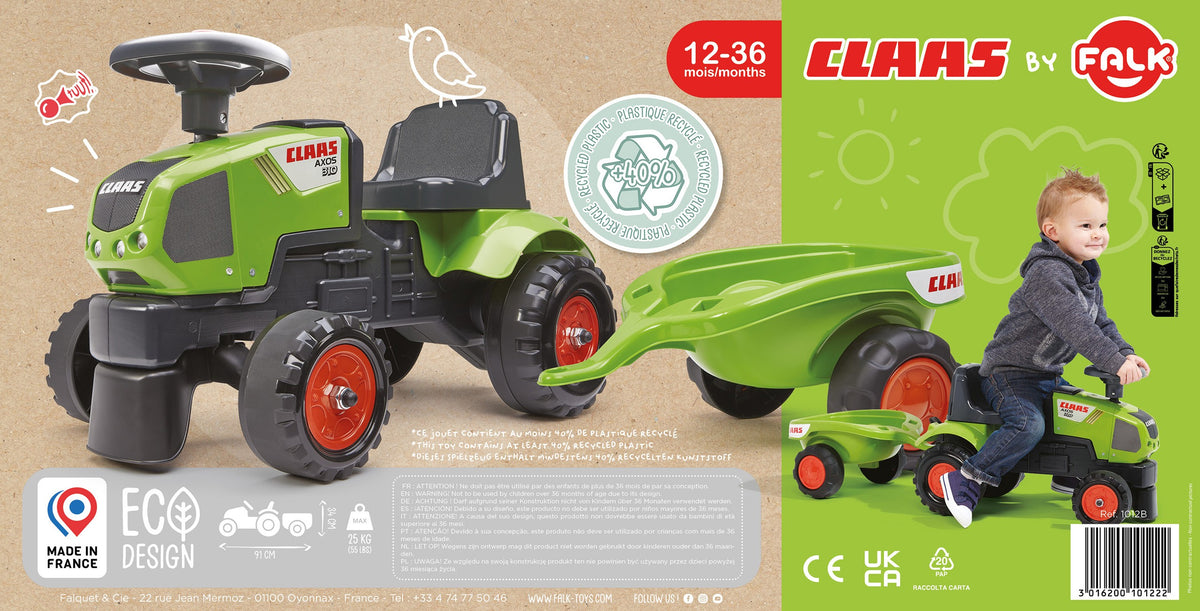 FALK Baby Claas Axos 310 Žalias Minitraktoris su Priekaba, nuo 1 m.
