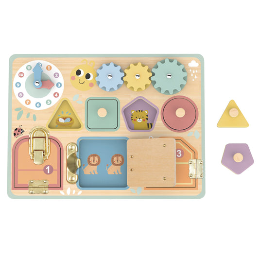 TOOKY TOY Montessori lavinamoji lentelė su spynelėmis, krumpliaračiais, rūšiuokliu ir laikrodžiu – pagrindinis vaizdas