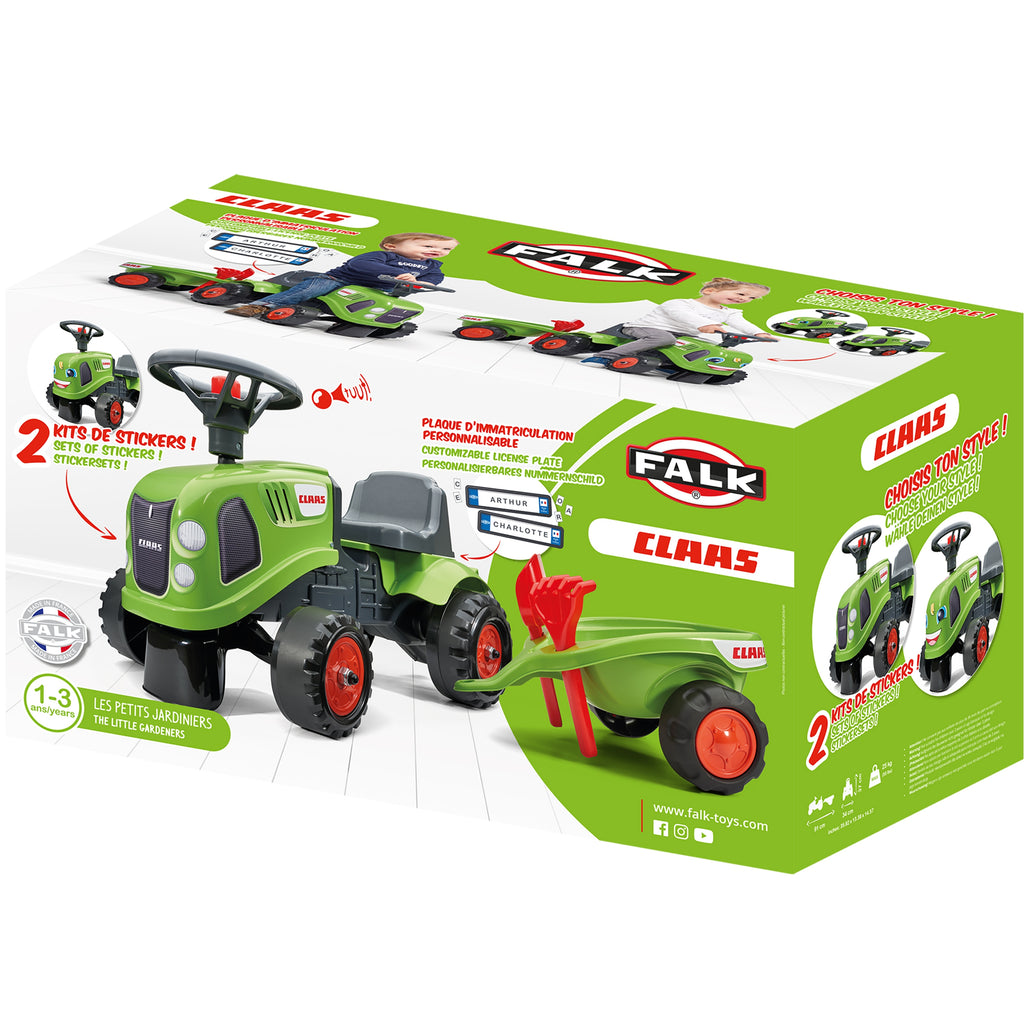 FALK Traktorius-paspirtukas Baby Claas, žalias, su priekaba ir priedais (nuo 1 metų)