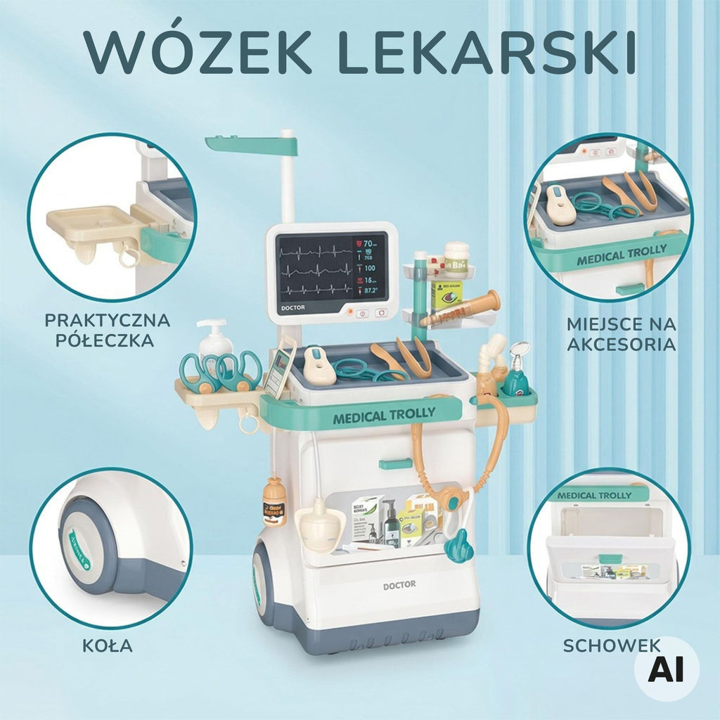WOOPIE Gydytojo vežimėlis su EKG garsu ir šviesa 26 dalių