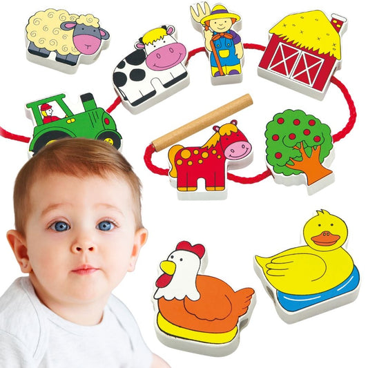 VIGA Medinės perveriamosios kaladėlės „Ūkis“, pagrindinis vaizdas su įvairiais mediniais elementais – pagrindinis vaizdas