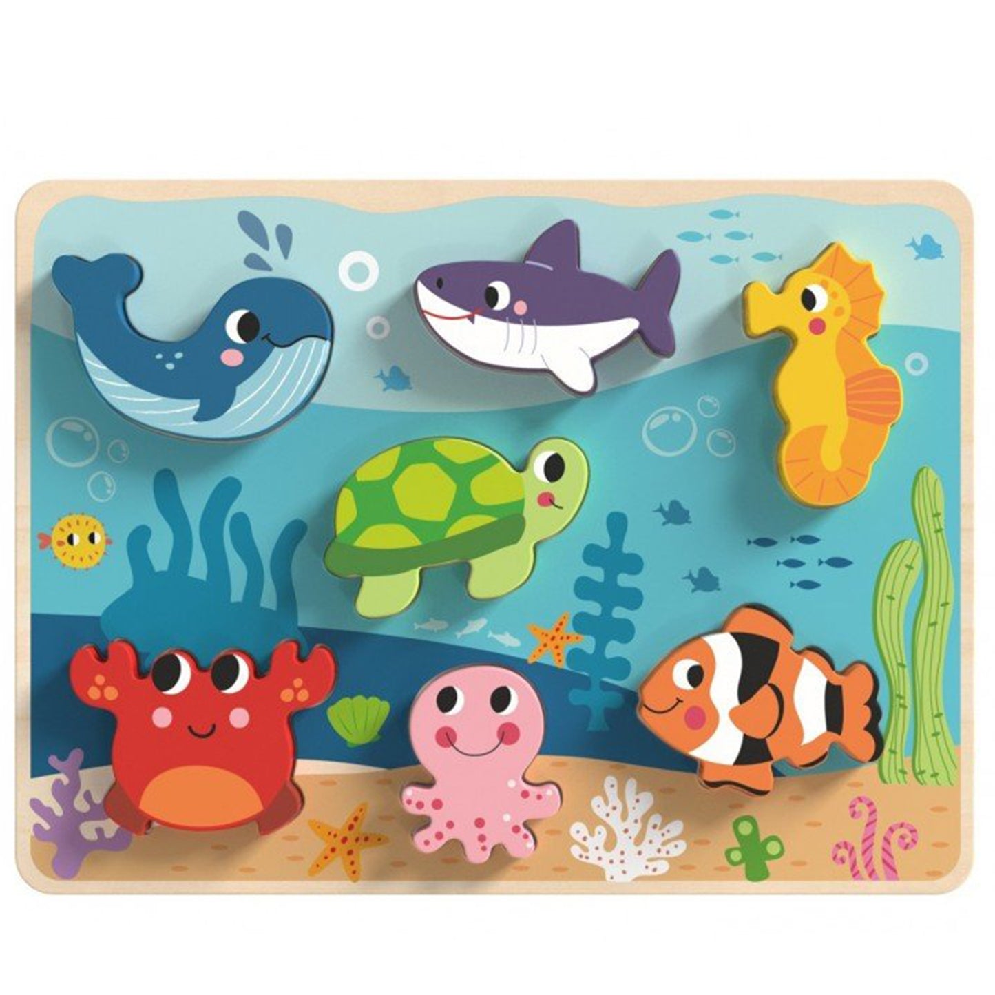 TOOKY TOY medinė Montessori formų dėlionė „Jūros pasaulis“ (7 elementai: žuvytės, vėžliukas) – vaizdas 3