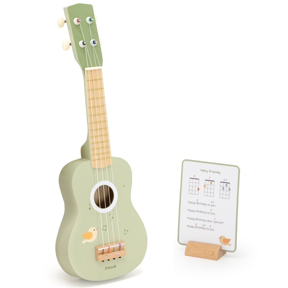Viga medinė ukulelė vaikams, žalia, su natomis – vaizdas 2