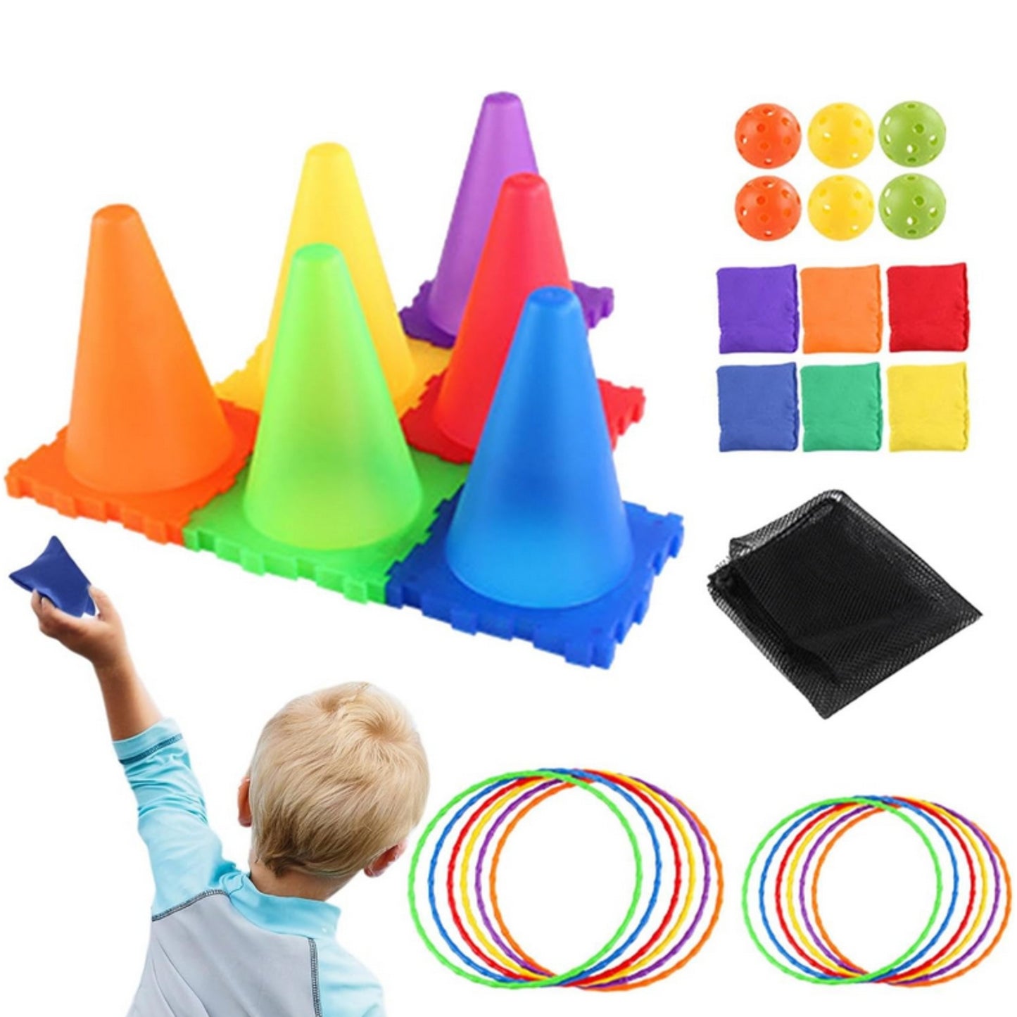 WOOPIE Sodo žaidimų rinkinys 3in1: Metimas į taikinį, Pachožlėliai, Lankai, Maišeliai, 30 vnt – vaizdas 3