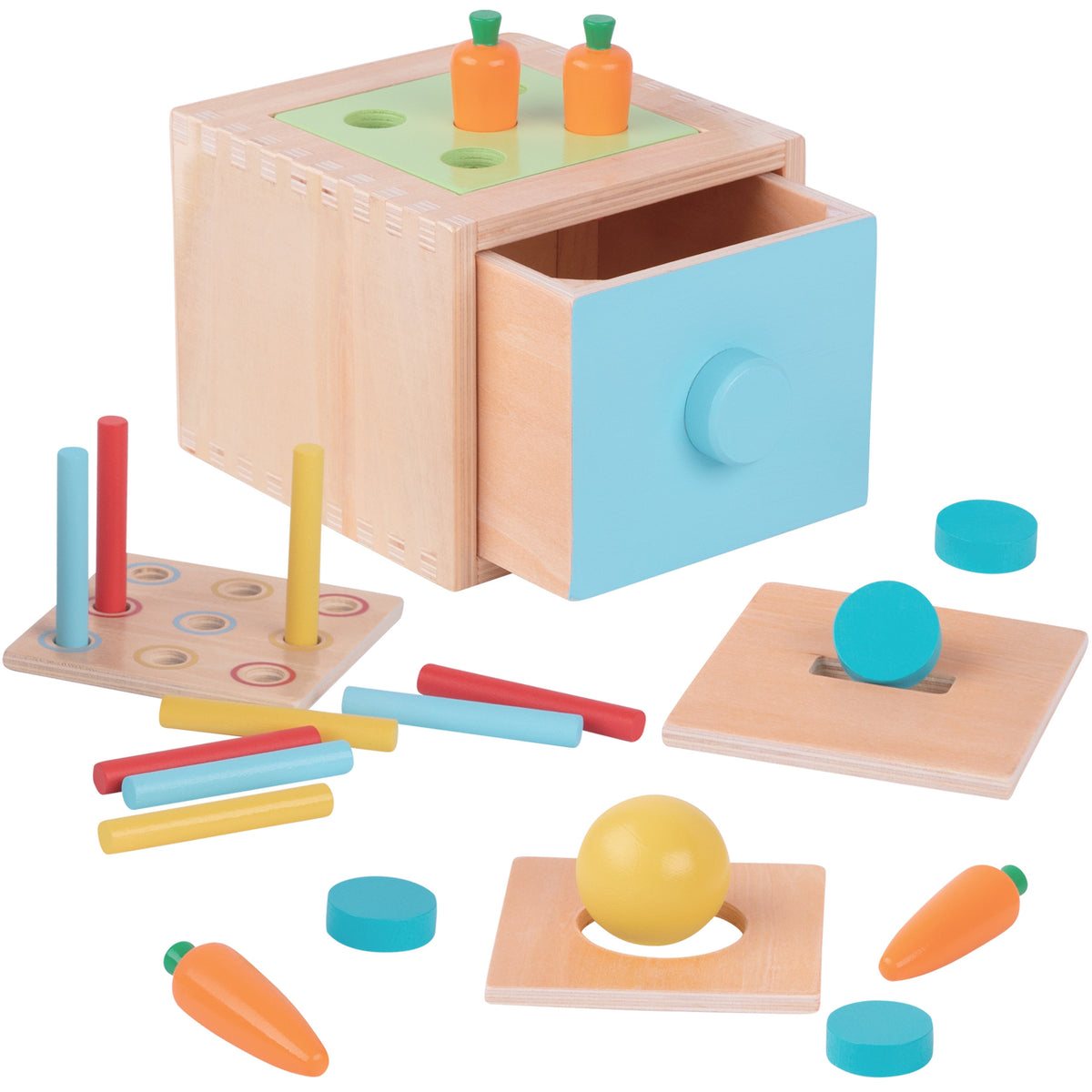 WOOPIE Medinė lavinamoji dėžutė 4in1 Montessori rūšiuoklis su morkytėmis