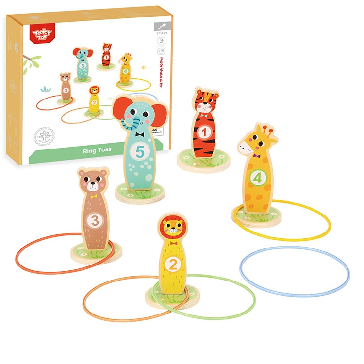 TOOKY TOY Medinis vikrumo žaidimas Mėtymas į taikinį su žiedais, 15 dalių, Gyvūnėliai – pagrindinis vaizdas