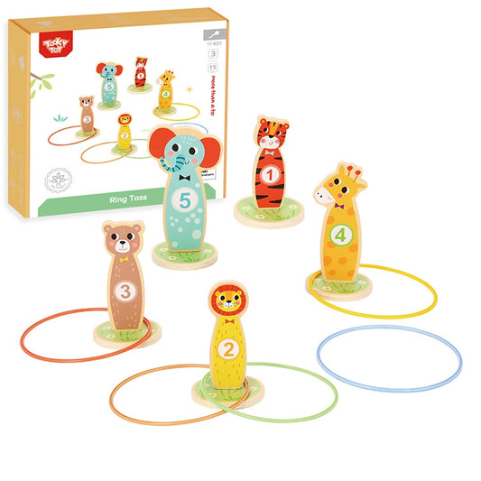 TOOKY TOY Medinis vikrumo žaidimas Mėtymas į taikinį su žiedais, 15 dalių, Gyvūnėliai – pagrindinis vaizdas