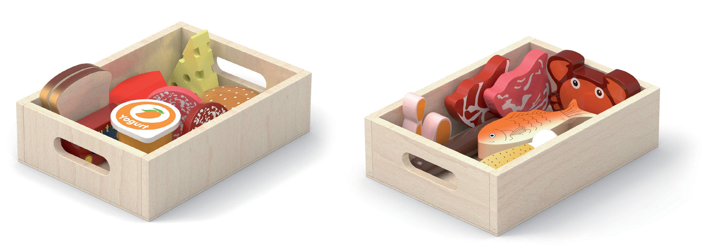 Viga medinių maisto produktų rinkinys – pusryčiai, žuvis, mėsa, pieno produktai