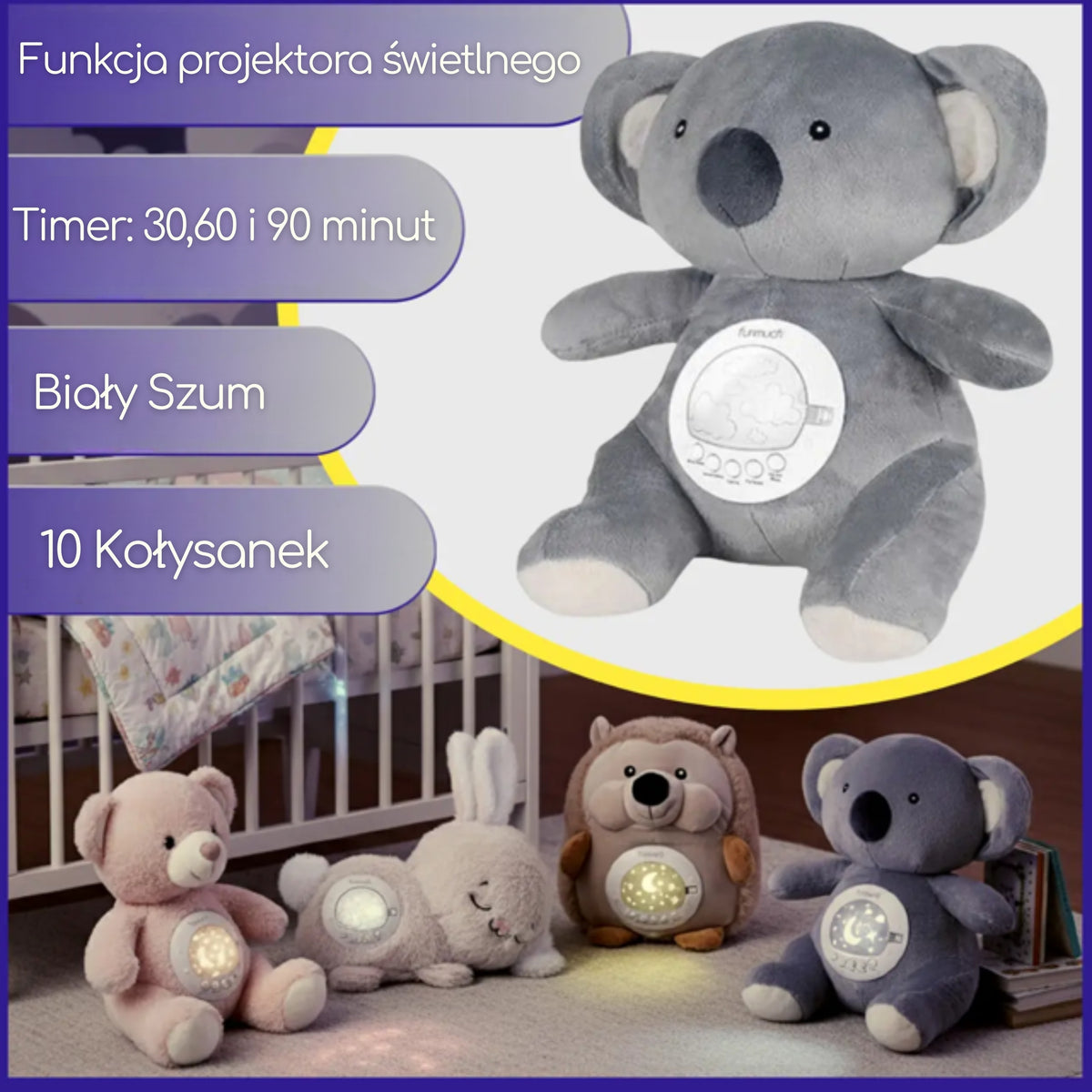 WOOPIE BABY Šviečiantis Baltasis Lokys su Projektoriumi ir Muzika