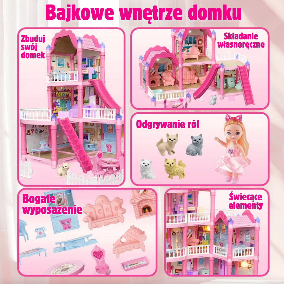 WOOPIE Lėlių namelis su priedais ir švytinčia lėlyte, 296 det.