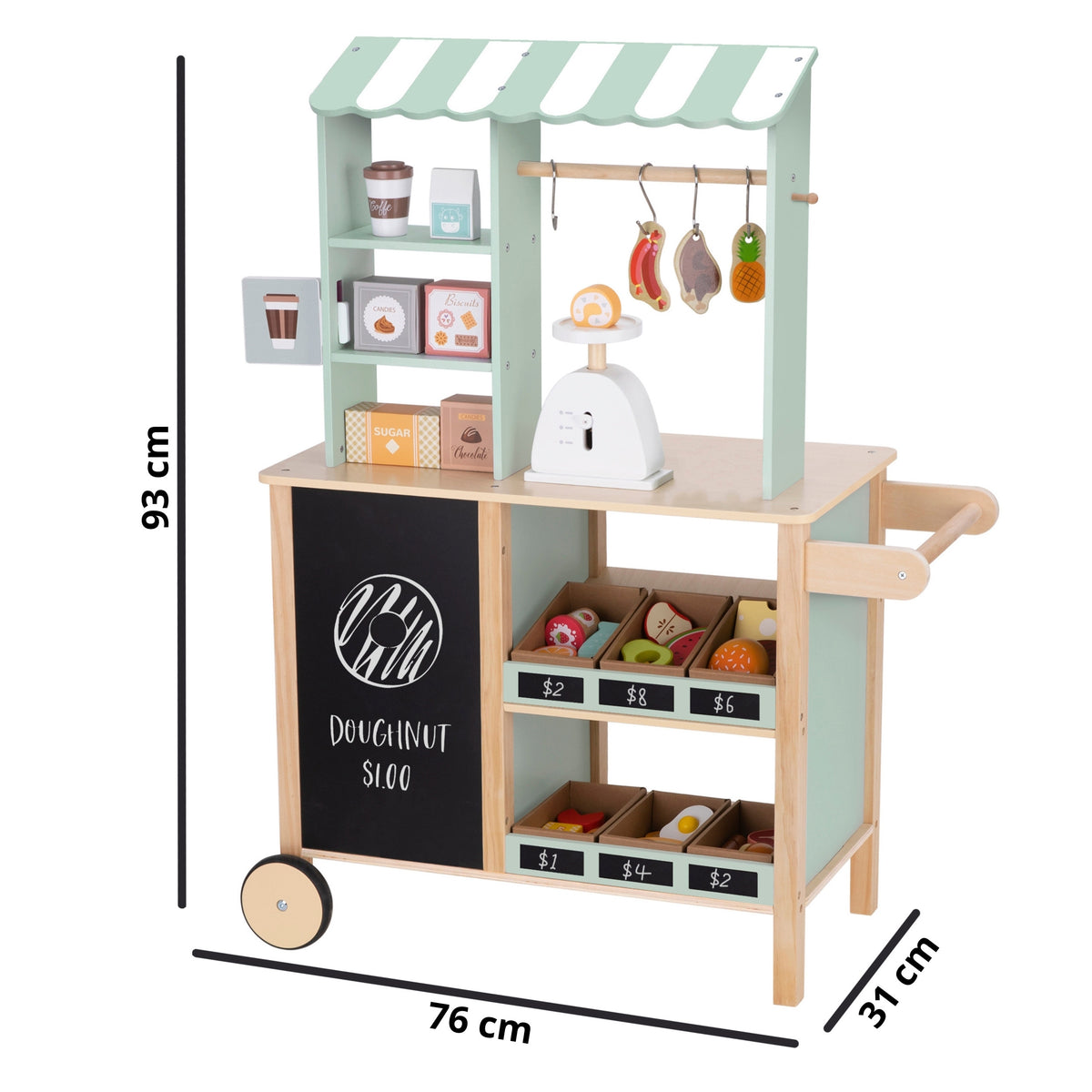 WOOPIE GREEN Medinė 5-in-1 Parduotuvė Kavinė Restoranas Virtuvėlė 73 vnt.