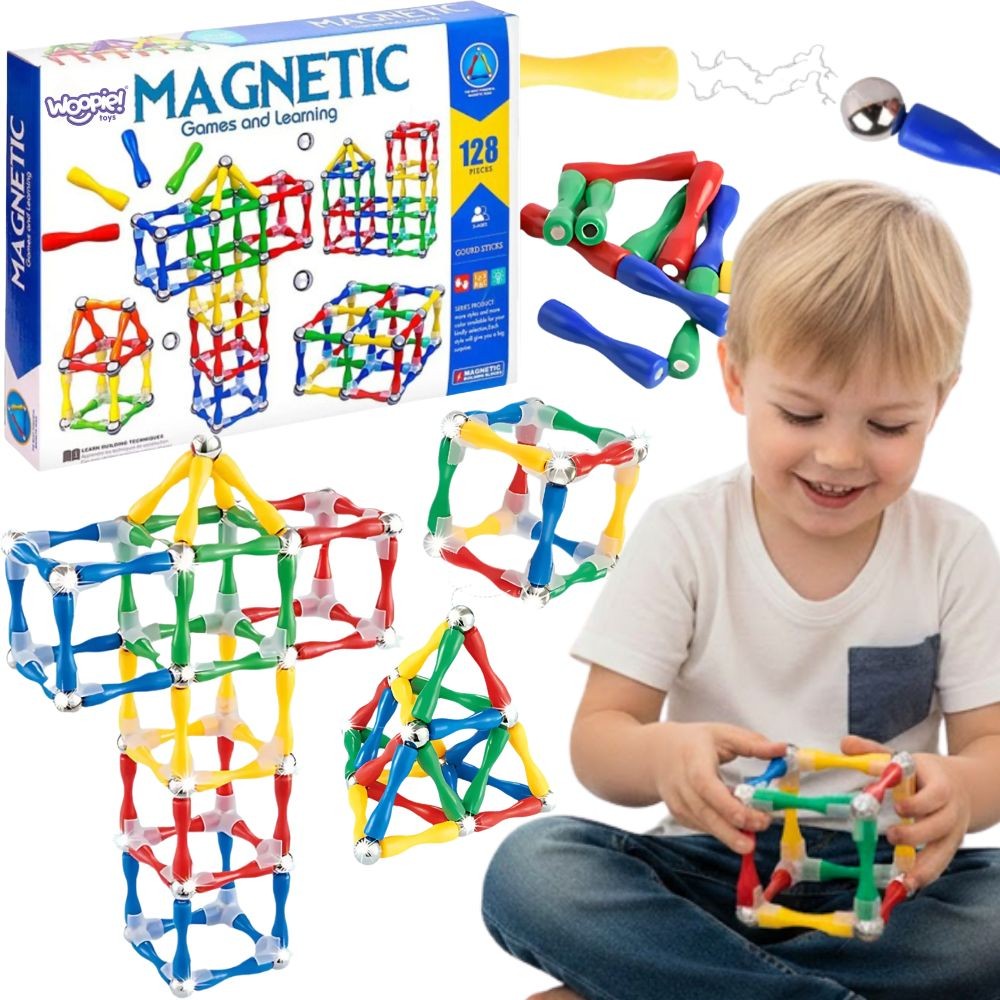 WOOPIE Magnetinis Konstruktorius 3D XXL, 128 detalių rinkinys