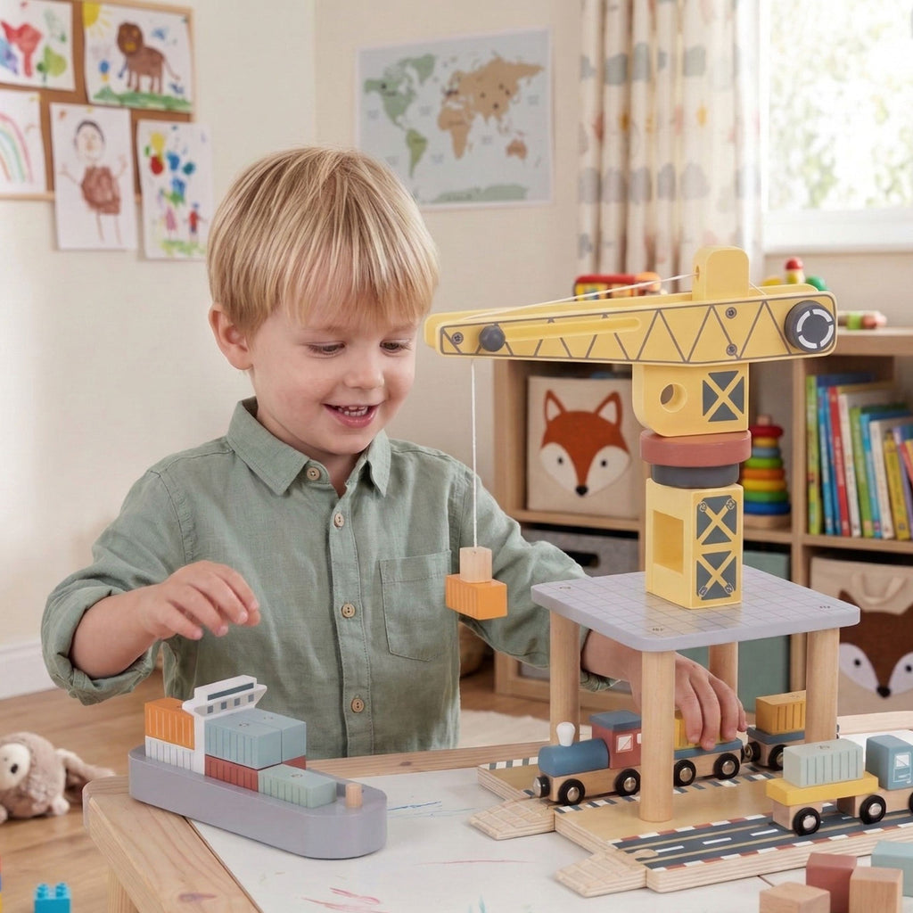 TOOKY TOY Medinis uosto kranų rinkinys su transporto priemonėmis