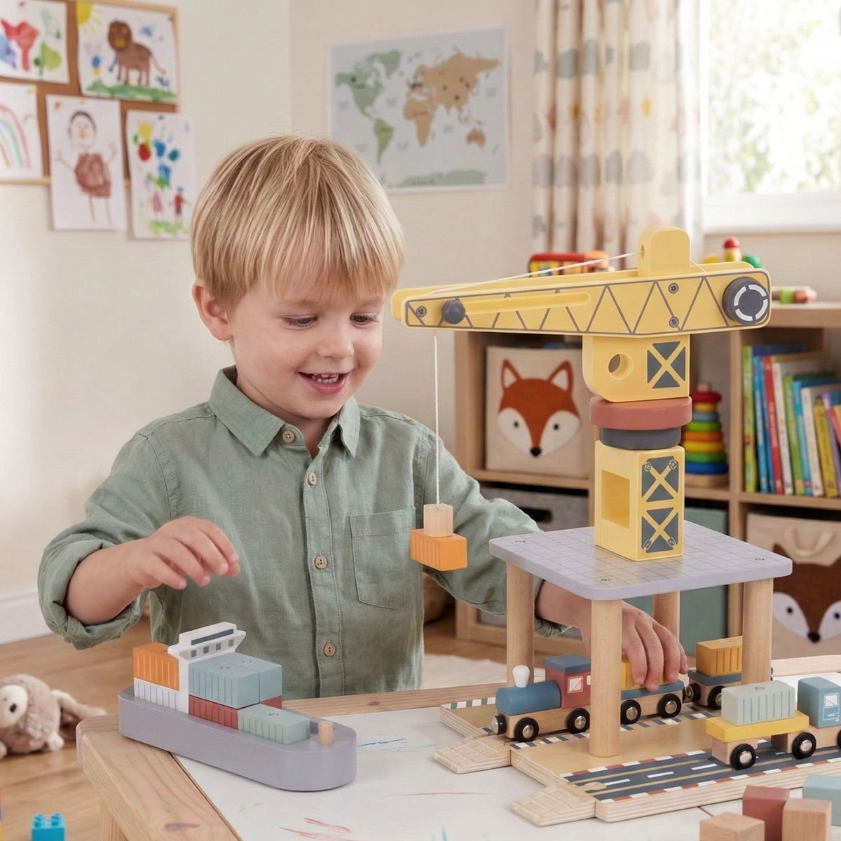 TOOKY TOY Medinis uosto kranų rinkinys su transporto priemonėmis