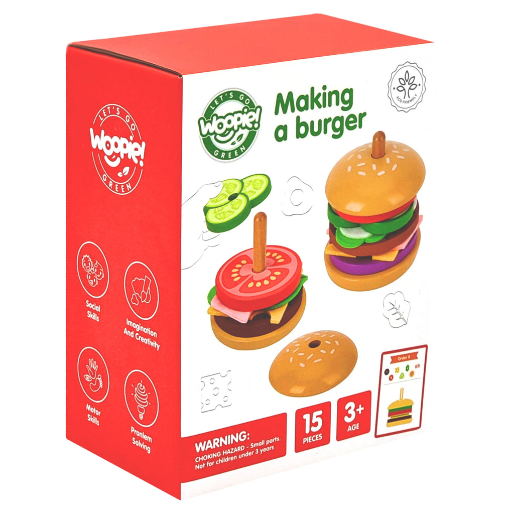 WOOPIE GREEN Medinė mėsainių dėlionė vaikams, 15 dalių FSC