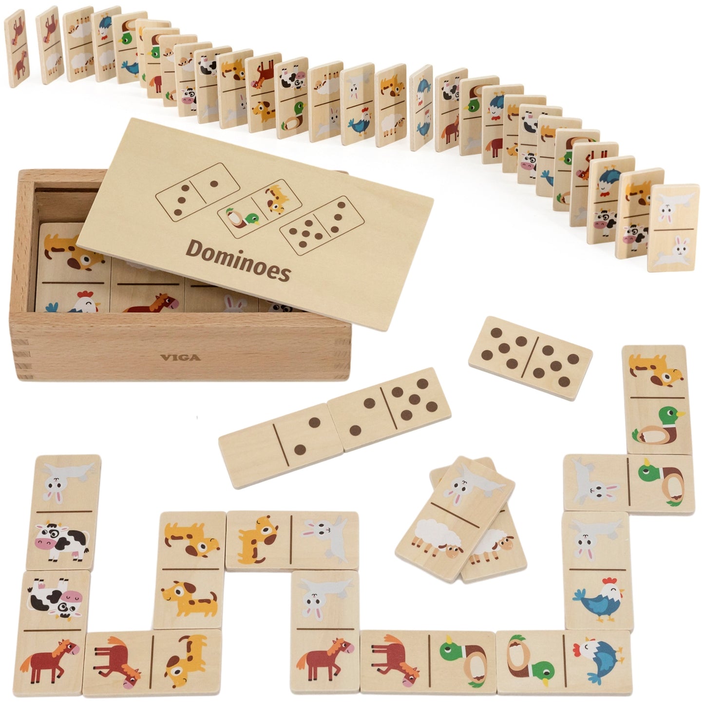 VIGA Medinis Domino 2 in 1 Gyvūnai ir Skaičiai Lavinamasis Žaislas