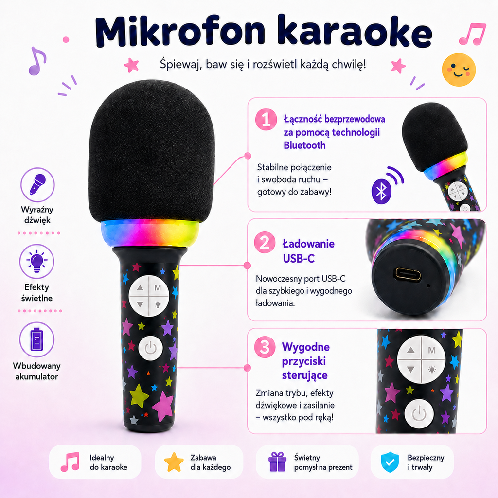 WOOPIE Belaidis Karaokė Mikrofonas su Garsiakalbiu Juodas BT 3+