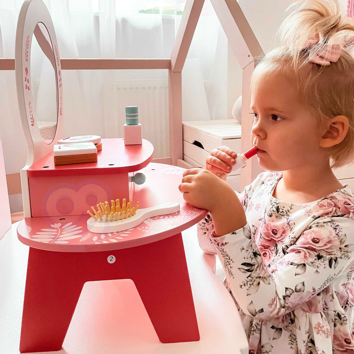 TOOKY TOY Rožinis Medinis Grožio Staliukas su Veidrodžiu Mergaitėms